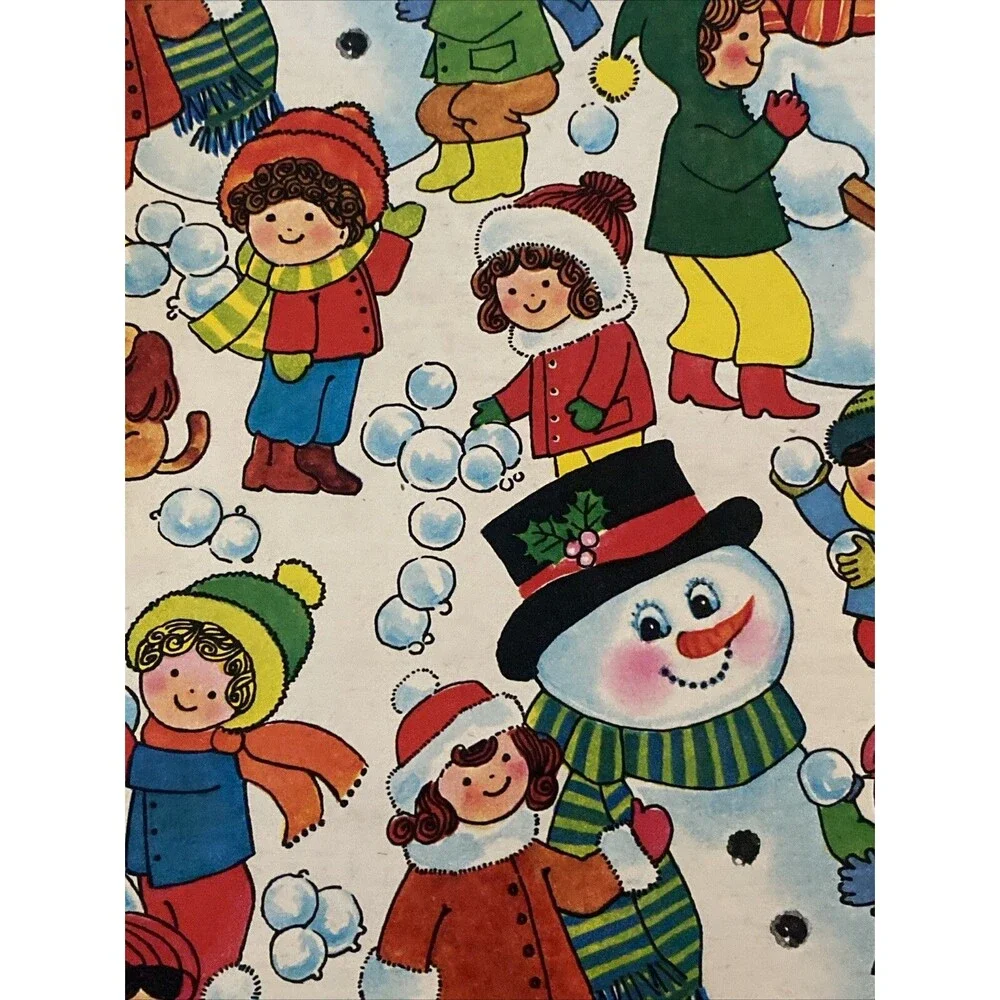 Vintage Christmas Gift Wrapping Paper Sheet CHILDREN WINTER SNOW SCENE SNOWMAN